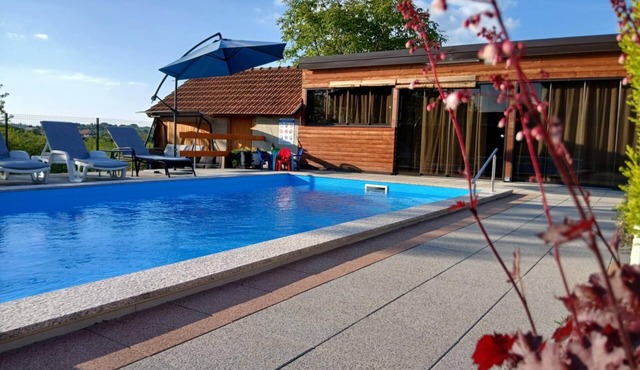 Wooden retreat with pool and jacuzzi in peaceful countryside.